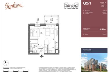 Rzut - Mieszkanie na sprzedaż 1 pokój o powierzchni 31,28 m² - numer G2/1 w Goplana budynek G