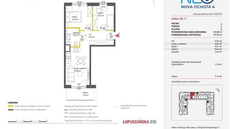 Rzut - Mieszkanie na sprzedaż 3 pokoje o powierzchni 46,68 m² - numer 47 w Neo Nova Ochota 4