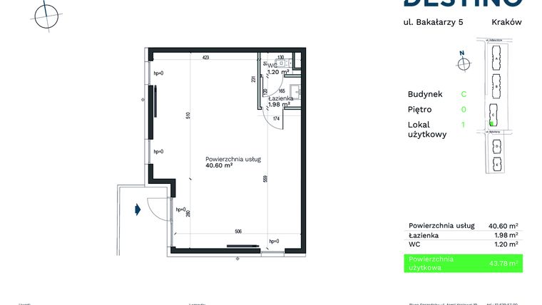 Rzut - Lokal użytkowy na sprzedaż 1 pokój o powierzchni 43,36 m² - numer LU1 w Destino