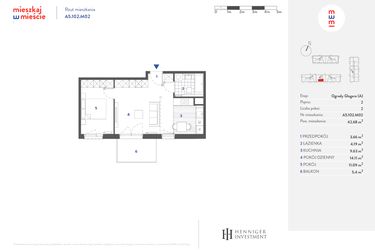 Rzut - Mieszkanie na sprzedaż 2 pokoje o powierzchni 42,59 m² - numer A5.102.M02 w Mieszkaj w mieście - Ogrody Glogera