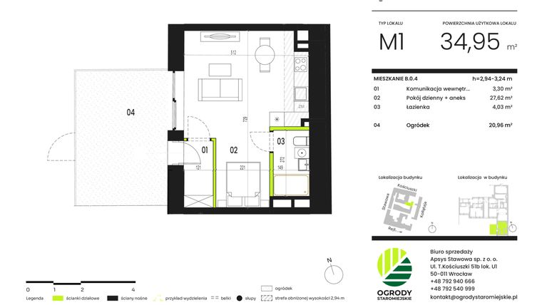 Rzut - Mieszkanie na sprzedaż 1 pokój o powierzchni 34,95 m² - numer B.0.4 w Ogrody Staromiejskie