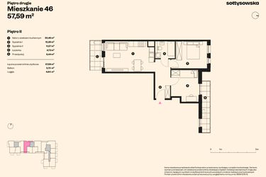 Rzut - Mieszkanie na sprzedaż 3 pokoje o powierzchni 57,59 m² - numer 46 w Sołtysowska