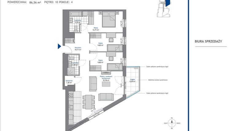 Rzut - Mieszkanie na sprzedaż 4 pokoje o powierzchni 86,56 m² - numer 10.4 w SEAHall