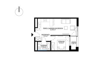 Rzut - Mieszkanie na sprzedaż 2 pokoje o powierzchni 41,19 m² - numer M60 w KrakoVska etap 2