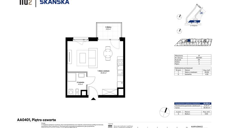 Rzut - Mieszkanie na sprzedaż 1 pokój o powierzchni 30,09 m² - numer AA0401 w NU2 Warszawa Wola - apartamenty wykończone pod klucz