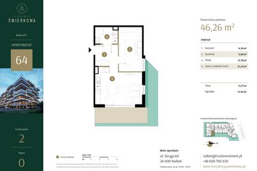 Rzut - Mieszkanie na sprzedaż 2 pokoje o powierzchni 46,26 m² - numer 64 w Rezydencja Świerkowa
