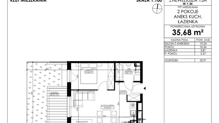 Rzut - Mieszkanie na sprzedaż 2 pokoje o powierzchni 35,68 m² - numer JAR-II-B-LM-M8 w Osiedle JAR Heweliusza etap II