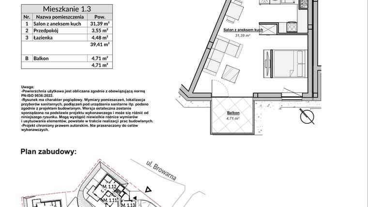 Rzut - Mieszkanie na sprzedaż 1 pokój o powierzchni 39,41 m² - numer M1.3 w Bulwary Apartamenty