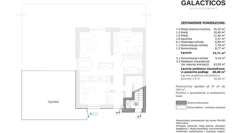 Rzut - Mieszkanie na sprzedaż 3 pokoje o powierzchni 73,71 m² - numer 7B w Arkady Wawer