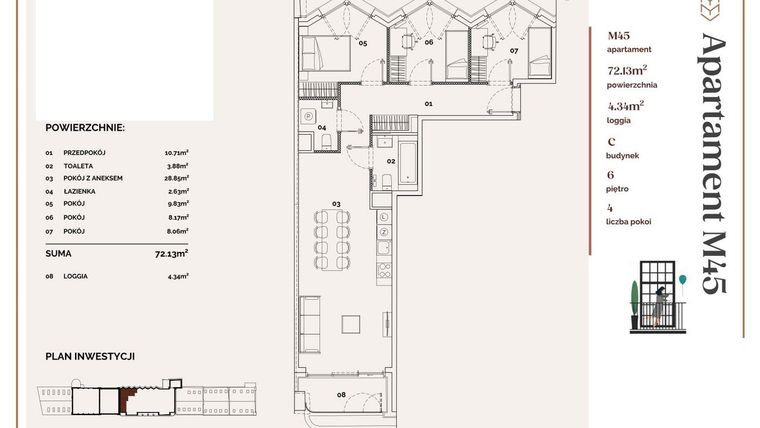 Rzut - Mieszkanie na sprzedaż 4 pokoje o powierzchni 72,13 m² - numer C.45 w Młyny Mogilska
