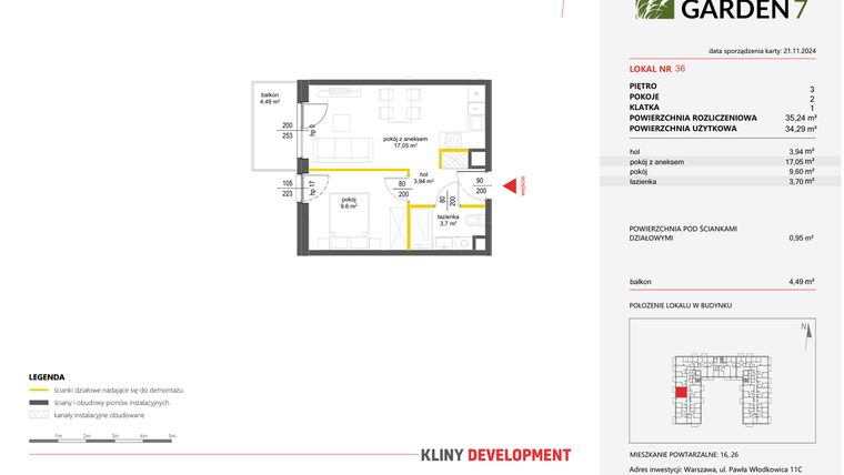 Rzut - Mieszkanie na sprzedaż 2 pokoje o powierzchni 35,24 m² - numer 36 w Nova Viva Garden 7