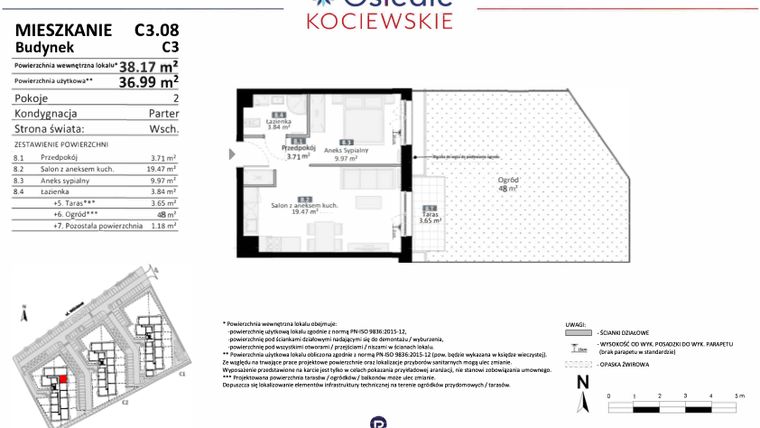 Rzut - Mieszkanie na sprzedaż 2 pokoje o powierzchni 36,99 m² - numer C3.08 w Osiedle Kociewskie etap III