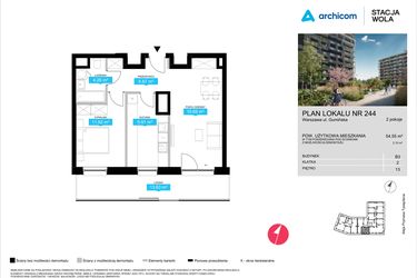 Rzut - Mieszkanie na sprzedaż 2 pokoje o powierzchni 54,55 m² - numer B3.244 w Stacja Wola - Etap III