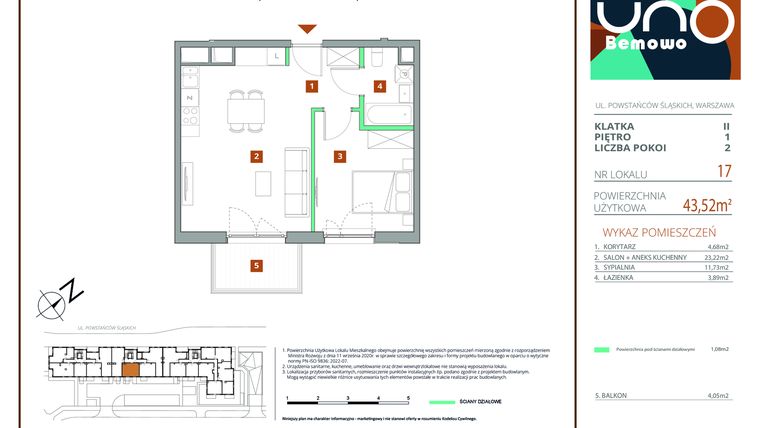 Rzut - Mieszkanie na sprzedaż 2 pokoje o powierzchni 43,52 m² - numer 17 w UNO Bemowo