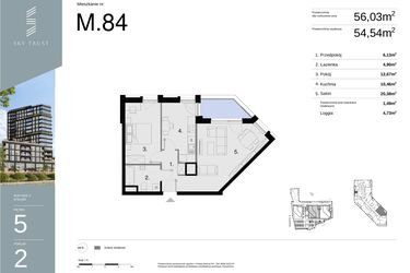 Rzut - Mieszkanie na sprzedaż 2 pokoje o powierzchni 56,03 m² - numer M84 w Sky Trust etap II