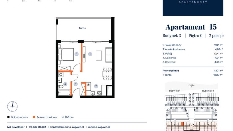 Rzut - Mieszkanie na sprzedaż 2 pokoje o powierzchni 43,71 m² - numer 15 w Apartamenty Marina Rogowo