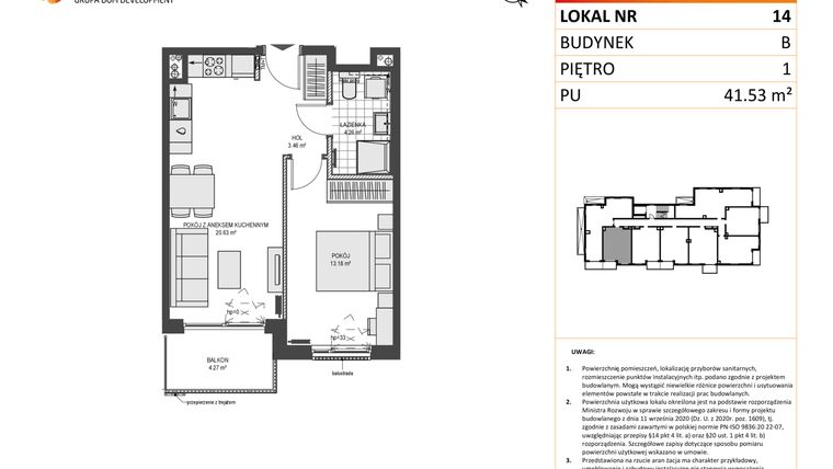 Rzut - Mieszkanie na sprzedaż 2 pokoje o powierzchni 41,53 m² - numer B14 w Przystań Brzeźno etap 1.2