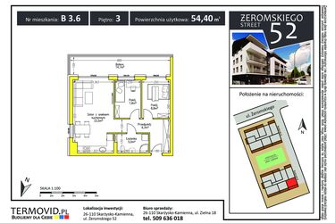 Rzut - Mieszkanie na sprzedaż 3 pokoje o powierzchni 54,4 m² - numer B 3.6 w Żeromskiego Street 52