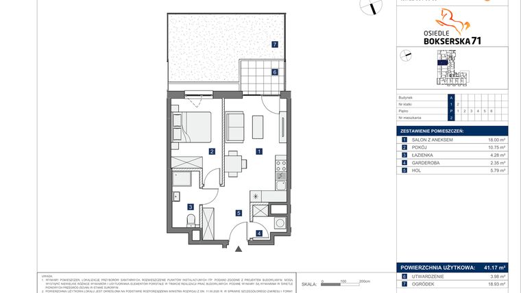 Rzut - Mieszkanie na sprzedaż 2 pokoje o powierzchni 41,17 m² - numer A.2 w Osiedle Bokserska 71 etap II
