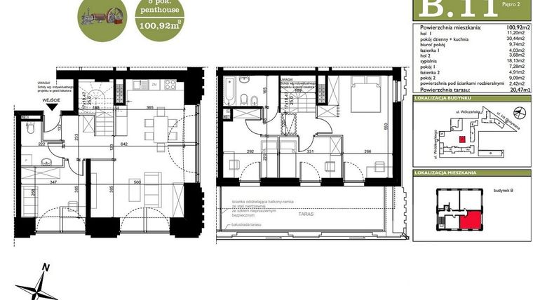Rzut - Mieszkanie na sprzedaż 4 pokoje o powierzchni 100,92 m² - numer B.11 w ART MODERN etap III - Modern Loft