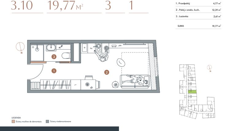 Rzut - Mieszkanie na sprzedaż 1 pokój o powierzchni 19,77 m² - numer 3.10 w Starowiejska 3