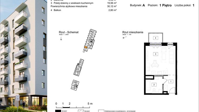 Rzut - Mieszkanie na sprzedaż 1 pokój o powierzchni 30,12 m² - numer A.4 w Osiedle Kochanowskiego - Gliwice