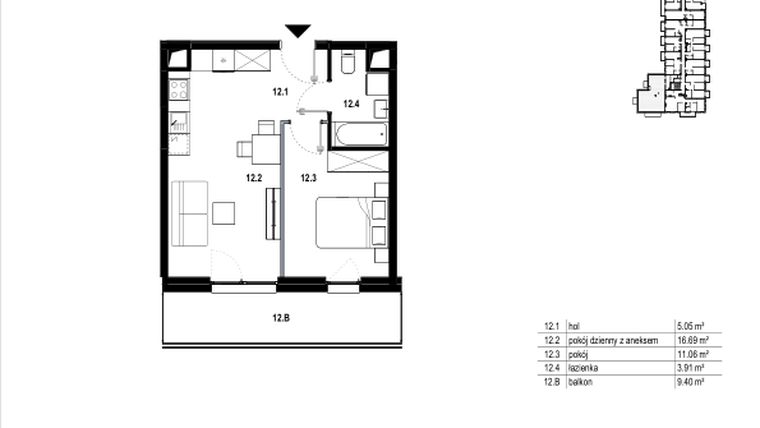 Rzut - Mieszkanie na sprzedaż 2 pokoje o powierzchni 36,71 m² - numer C3.12 w Osiedle Mozaika