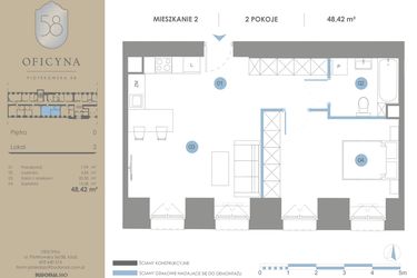 Rzut - Mieszkanie na sprzedaż 2 pokoje o powierzchni 48,42 m² - numer 2 w Oficyna - Apartamenty Inwestycyjne Apart Hotel