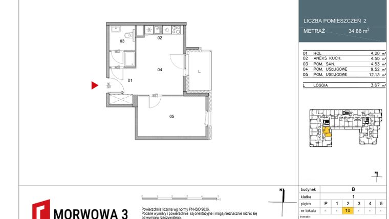 Rzut - Mieszkanie na sprzedaż 2 pokoje o powierzchni 34,88 m² - numer 10 w Morwowa 3 - Apartamenty Inwestycyjne