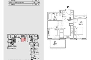 Rzut - Mieszkanie na sprzedaż 2 pokoje o powierzchni 49,15 m² - numer 2B-1-2 w Naramowice Odnova