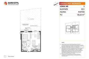 Rzut - Mieszkanie na sprzedaż 2 pokoje o powierzchni 36,63 m² - numer B11.3 w Osiedle Przy Błoniach 3 etap IV