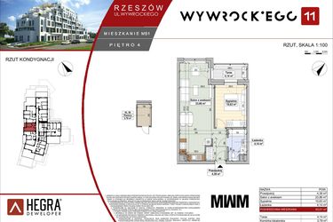 Rzut - Mieszkanie na sprzedaż 2 pokoje o powierzchni 43,01 m² - numer M51 w Apartamenty Wywrockiego 11