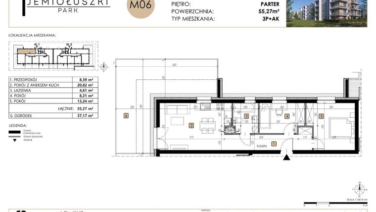 Rzut - Mieszkanie na sprzedaż 3 pokoje o powierzchni 55,27 m² - numer M06 w Jemiołuszki Park