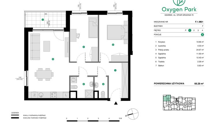 Rzut - Mieszkanie na sprzedaż 3 pokoje o powierzchni 66,28 m² - numer F.1.M01 w Oxygen Park etap III