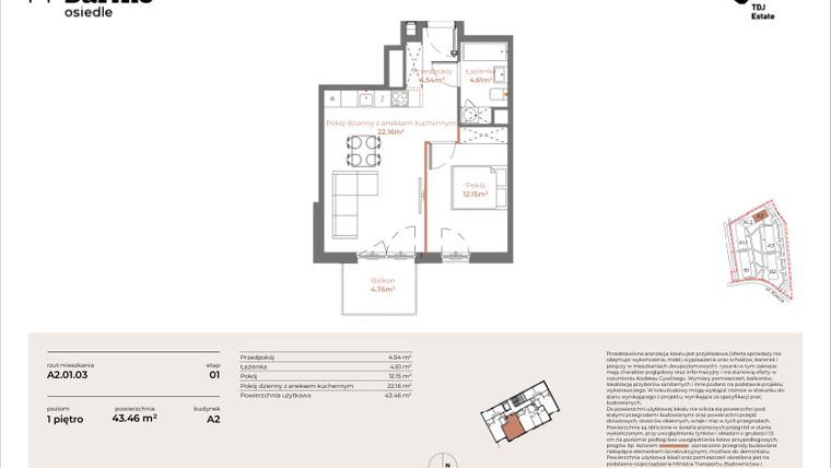 Rzut - Mieszkanie na sprzedaż 2 pokoje o powierzchni 43,46 m² - numer A2-01.03 w Sarnie Osiedle