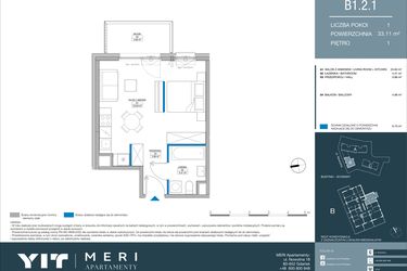 Rzut - Mieszkanie na sprzedaż 1 pokój o powierzchni 33,11 m² - numer B.1.2.1 w Meri Apartamenty