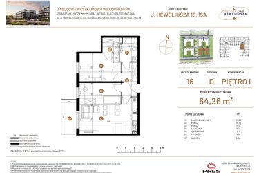 Rzut - Mieszkanie na sprzedaż 3 pokoje o powierzchni 64,26 m² - numer JAR-IV-D-LM-M16 w Osiedle JAR Heweliusza etap IV
