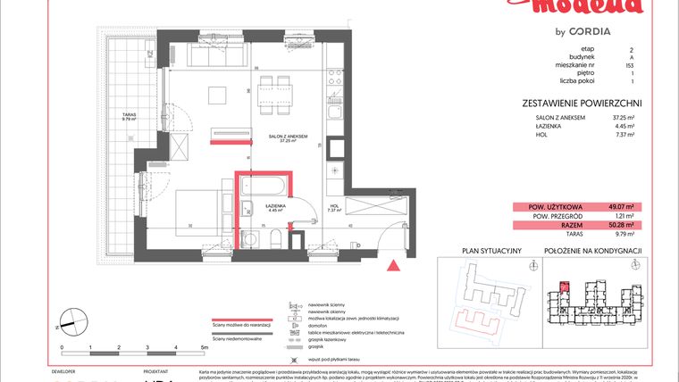 Rzut - Mieszkanie na sprzedaż 1 pokój o powierzchni 49,07 m² - numer A.153 w Modena II