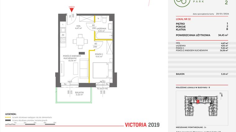 Rzut - Mieszkanie na sprzedaż 2 pokoje o powierzchni 34,41 m² - numer B.32 w Olchowy Park II