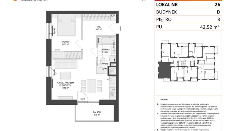 Rzut - Mieszkanie na sprzedaż 2 pokoje o powierzchni 42,52 m² - numer D.26 w Osiedle Warszawska etap II