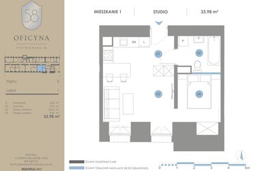 Rzut - Mieszkanie na sprzedaż 1 pokój o powierzchni 33,98 m² - numer 1 w Oficyna - Apartamenty Inwestycyjne Apart Hotel
