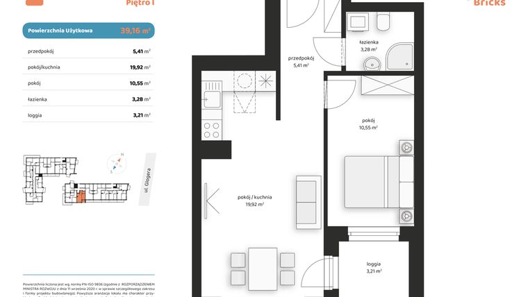 Rzut - Mieszkanie na sprzedaż 2 pokoje o powierzchni 39,16 m² - numer M II.1.2 w Glogera Bricks