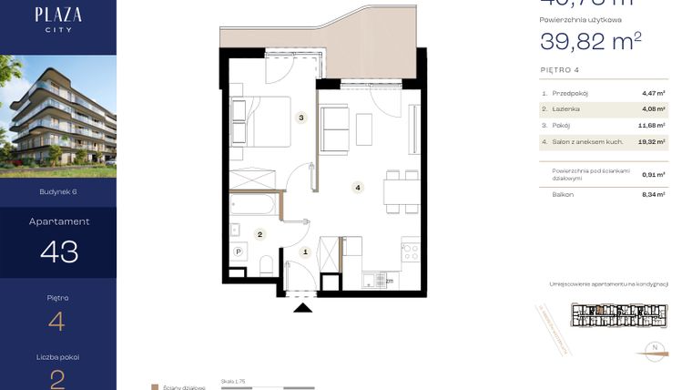 Rzut - Mieszkanie na sprzedaż 2 pokoje o powierzchni 40,73 m² - numer B6M43 w Plaza City