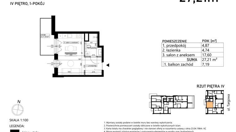 Rzut - Mieszkanie na sprzedaż 1 pokój o powierzchni 27,21 m² - numer M19 w Finezja