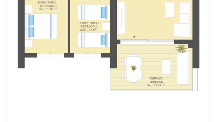 Rzut - Mieszkanie na sprzedaż 2 pokoje o powierzchni 99 m² - numer 10.3.B w Sea Gardens - Campoamor