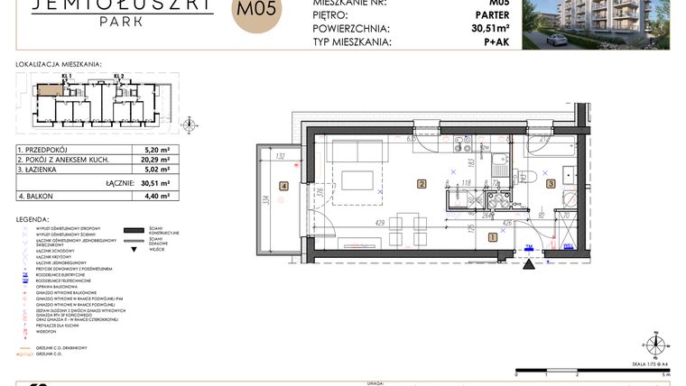 Rzut - Mieszkanie na sprzedaż 1 pokój o powierzchni 30,42 m² - numer A2_M05 w Jemiołuszki Park etap 2