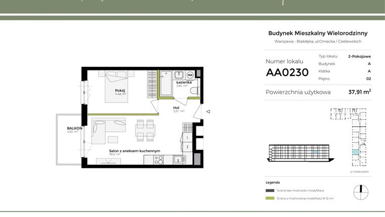 Rzut - Mieszkanie na sprzedaż 2 pokoje o powierzchni 37,91 m² - numer AA0230 w Orneko