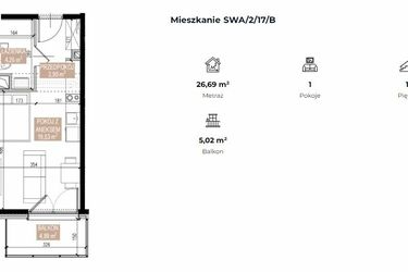 Rzut - Mieszkanie na sprzedaż 1 pokój o powierzchni 26,65 m² - numer SWA/2/17/B w Apartamenty Świeradowska