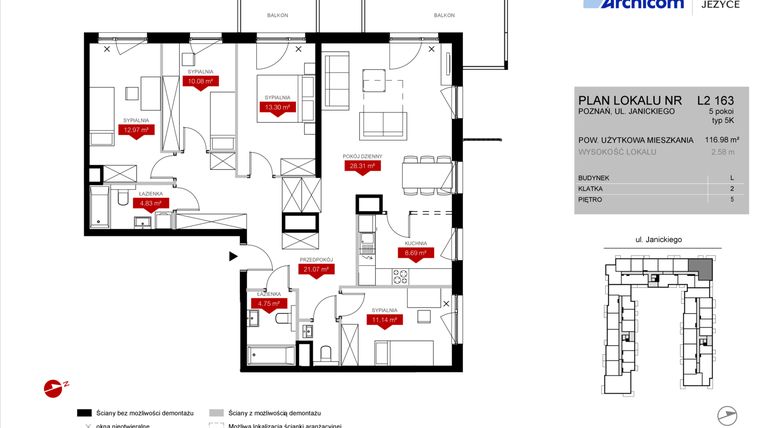 Rzut - Mieszkanie na sprzedaż 5 pokoi o powierzchni 116,98 m² - numer L2.163 w Wieża Jeżyce etap VI