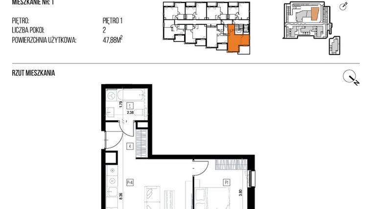 Rzut - Mieszkanie na sprzedaż 2 pokoje o powierzchni 47,88 m² - numer 22K/01 w NATURAMA II